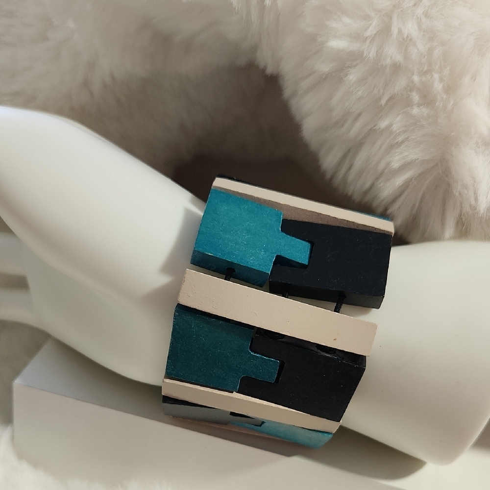 Handmade Painted Wooden Bracelet Cuff in Domino Pattern.